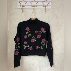 Alya Black and Pink Cowl Neck Sweater with Floral Embroidery